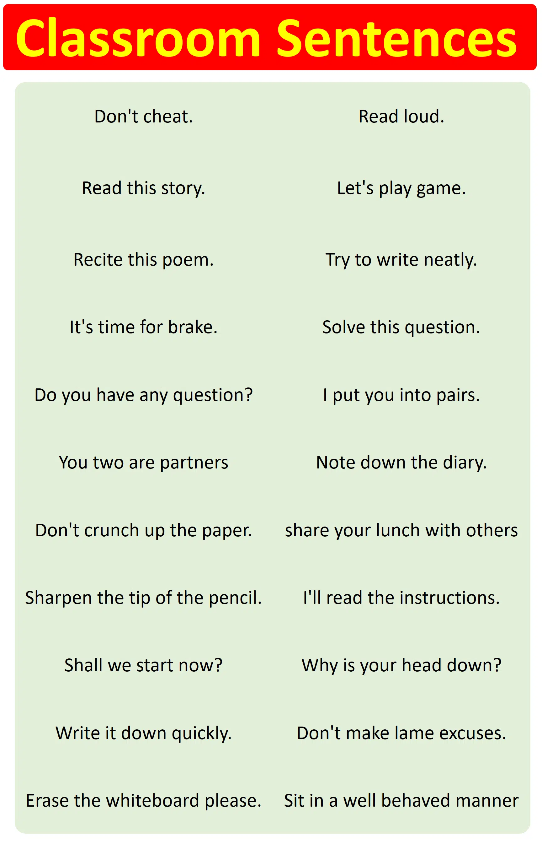 Classroom English Sentences for Students