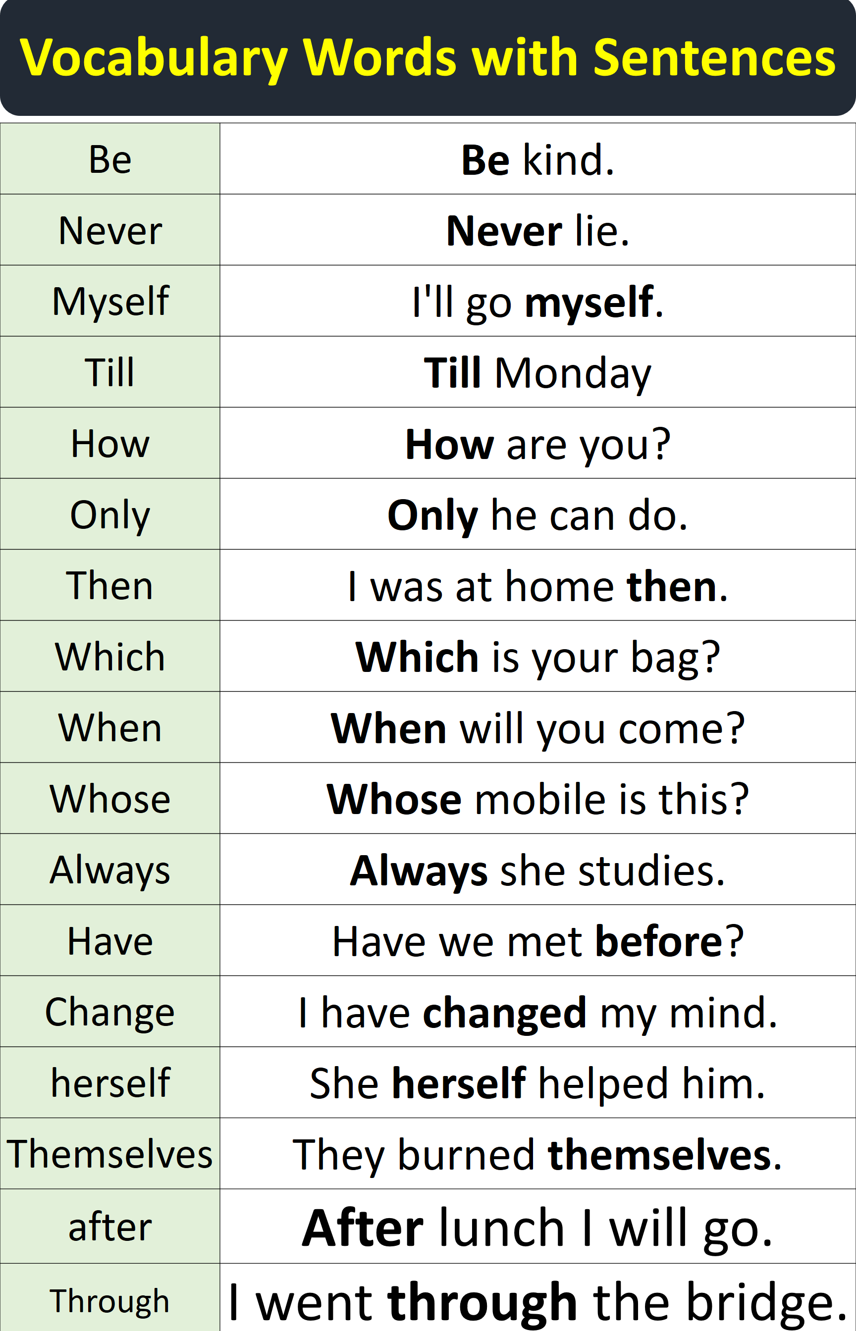 English Vocabulary Words With Sentences