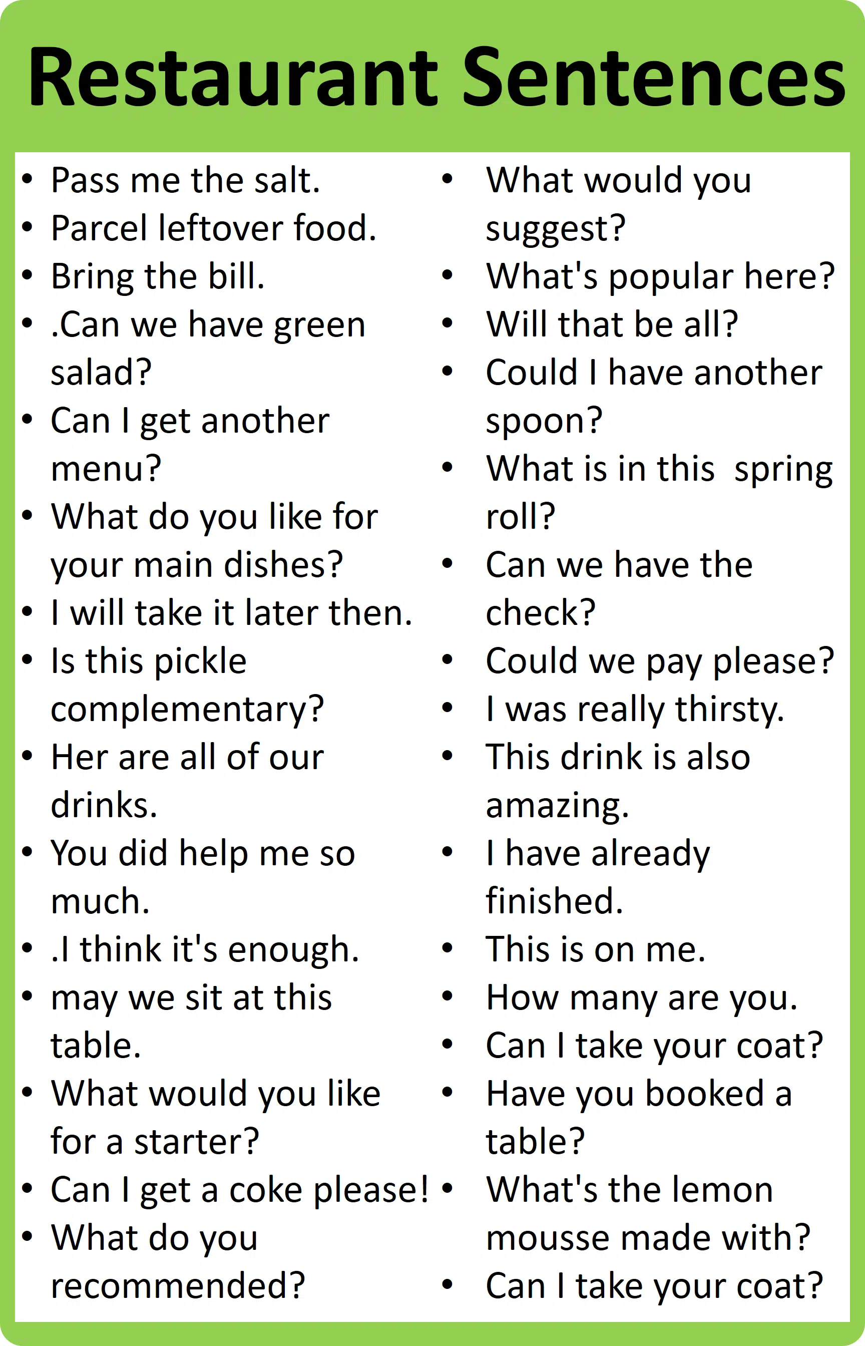 Restaurant Sentences with Vocabulary
