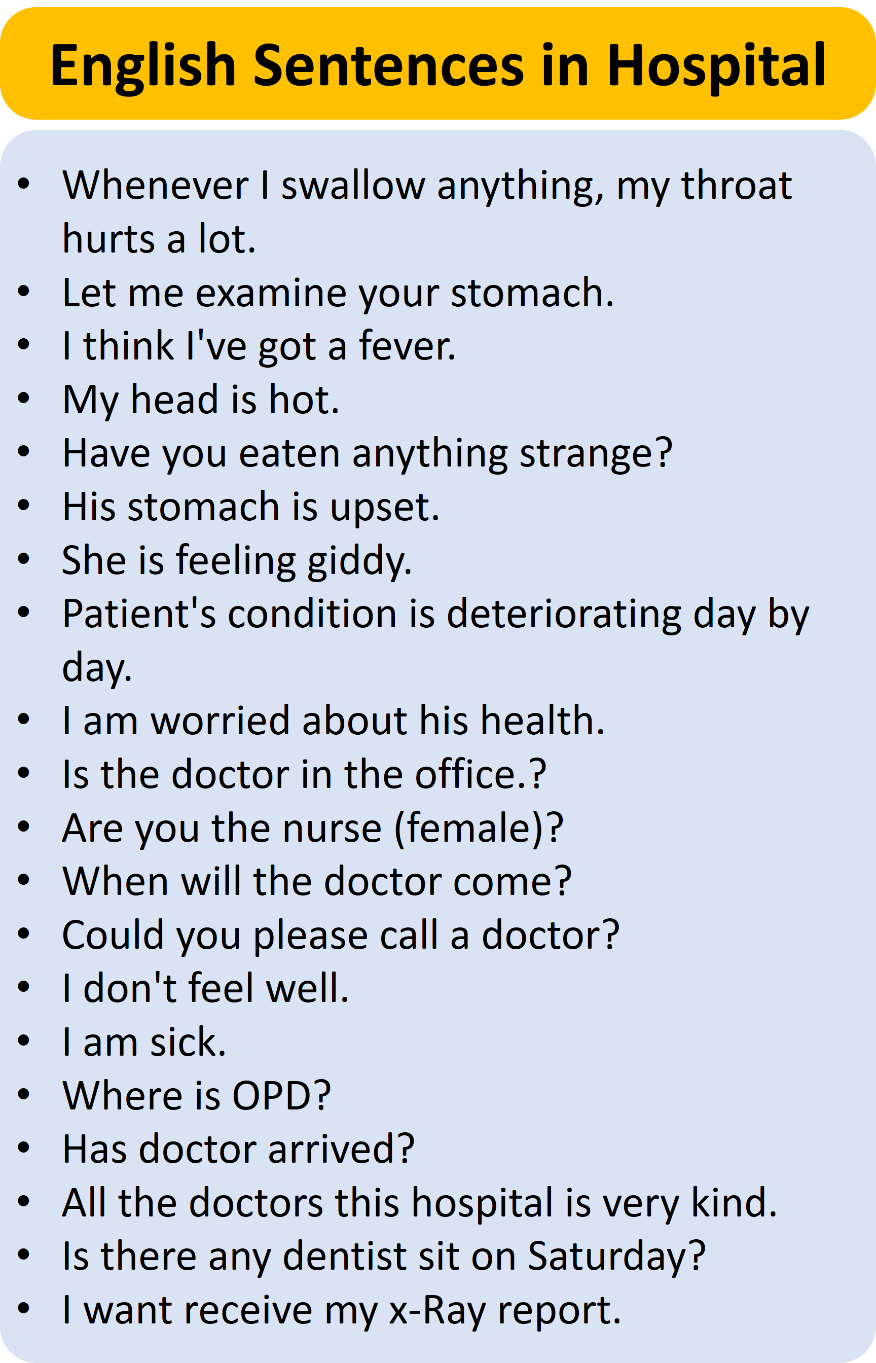 hospital sentences in English about making sentence
