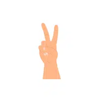 Peace fingers behind head in English