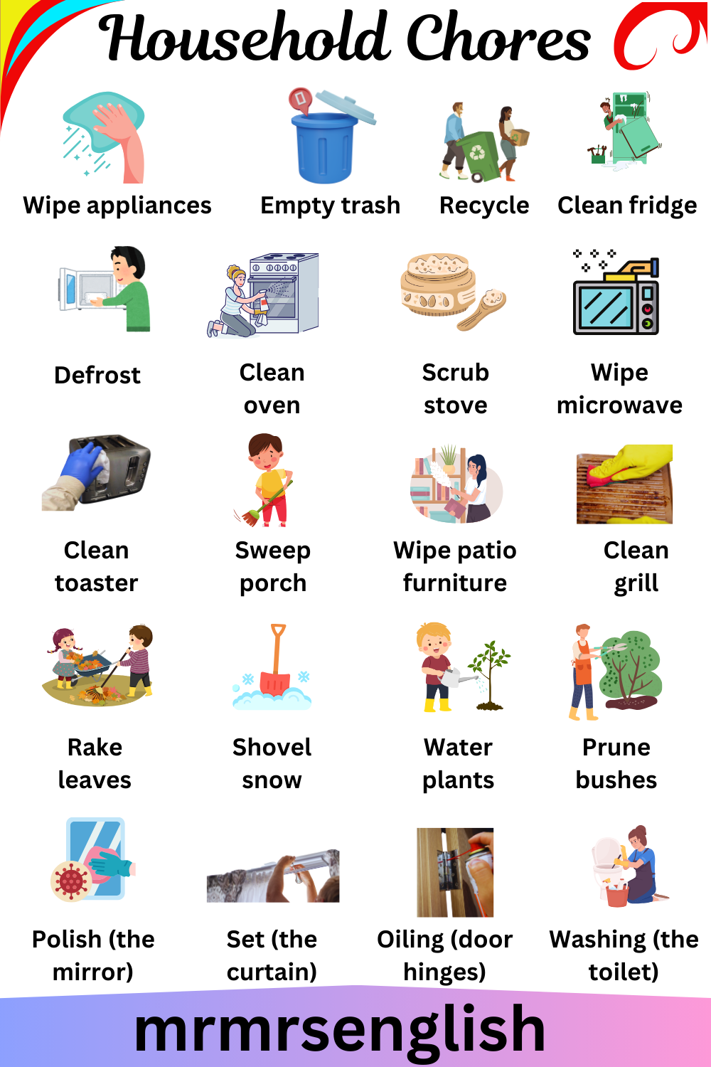 Household Chores Vocabulary words in English
