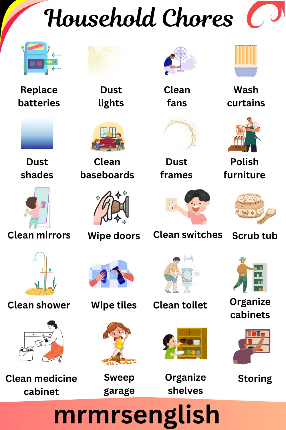 Household Chores Vocabulary words in English