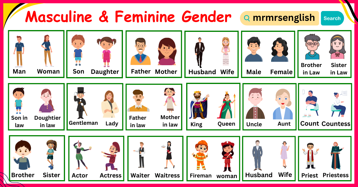 Masculine And Feminine Gender Of Nouns Vocabulary Words In English - Mr 