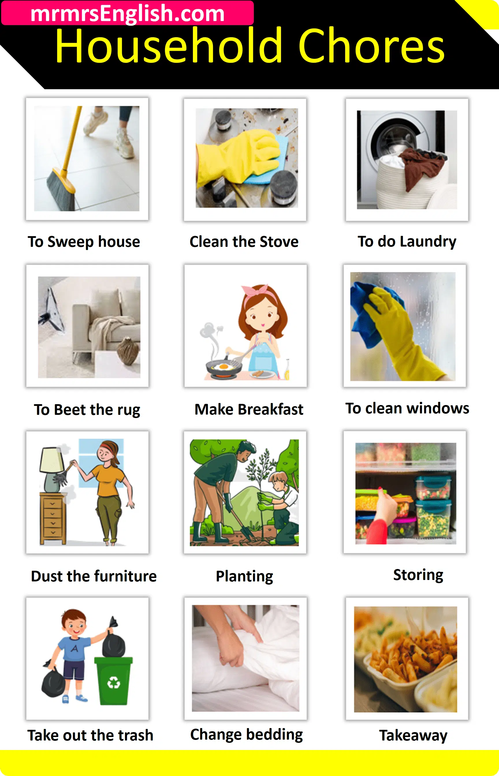 Household Chores Vocabulary words in English