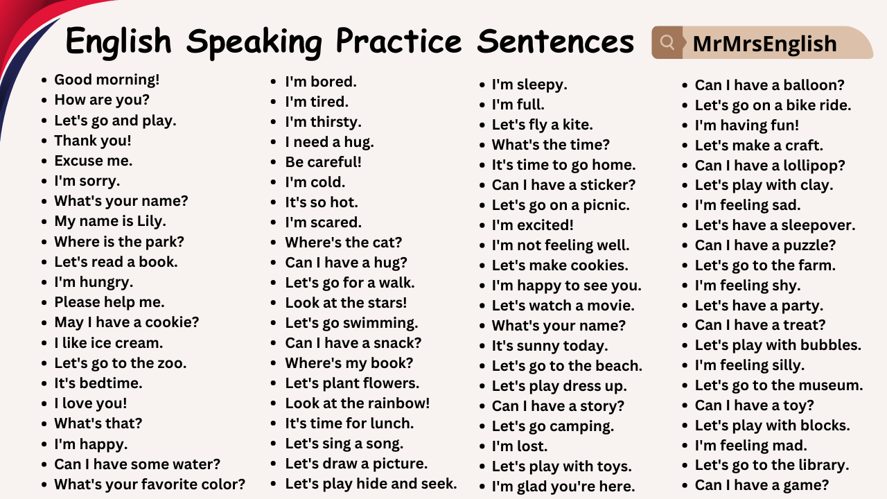 English Speaking Practice Sentences for Kids - 150+ Sentences - MR MRS  ENGLISH