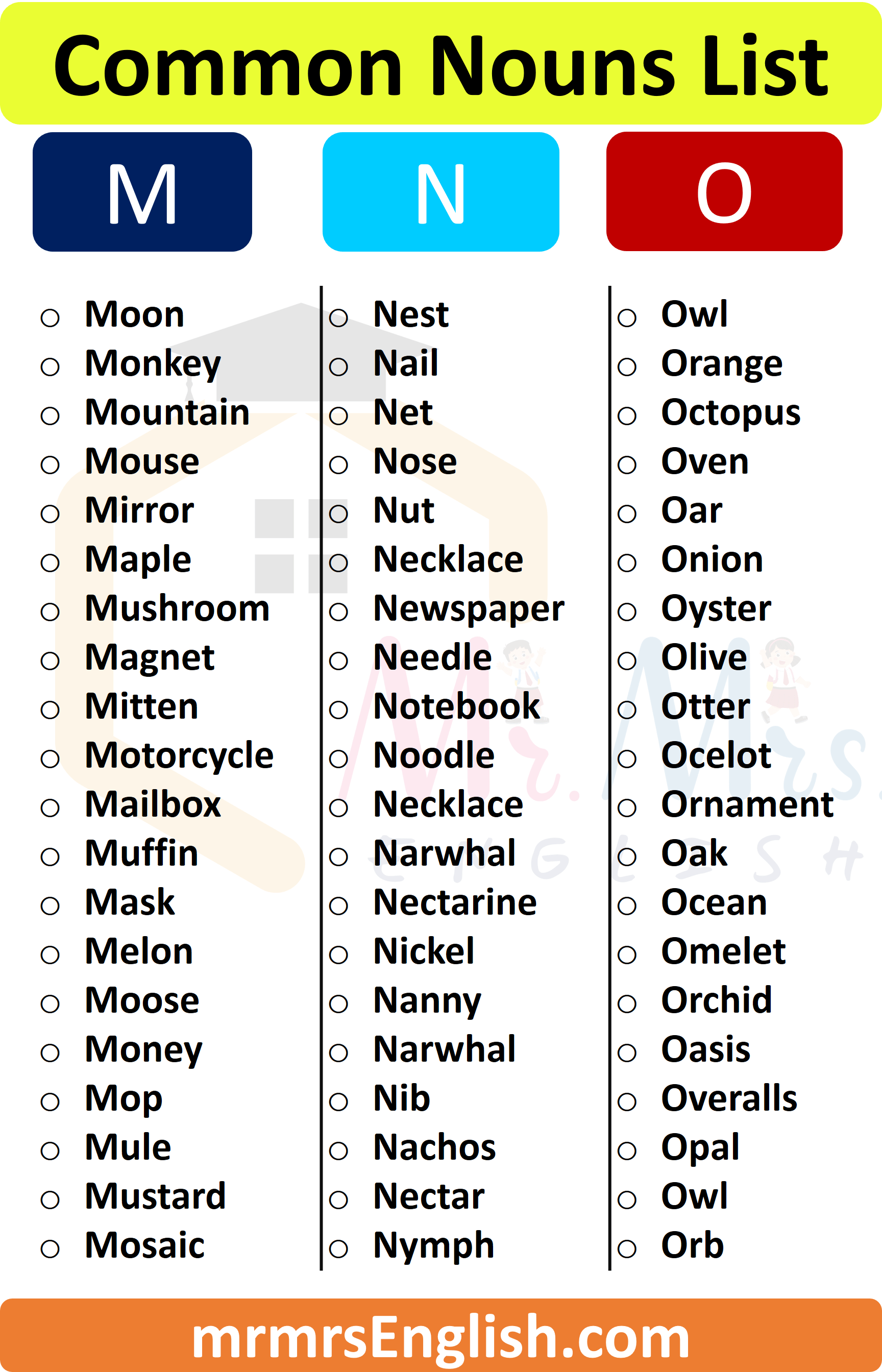 Common Nouns List A to Z | M & N & O