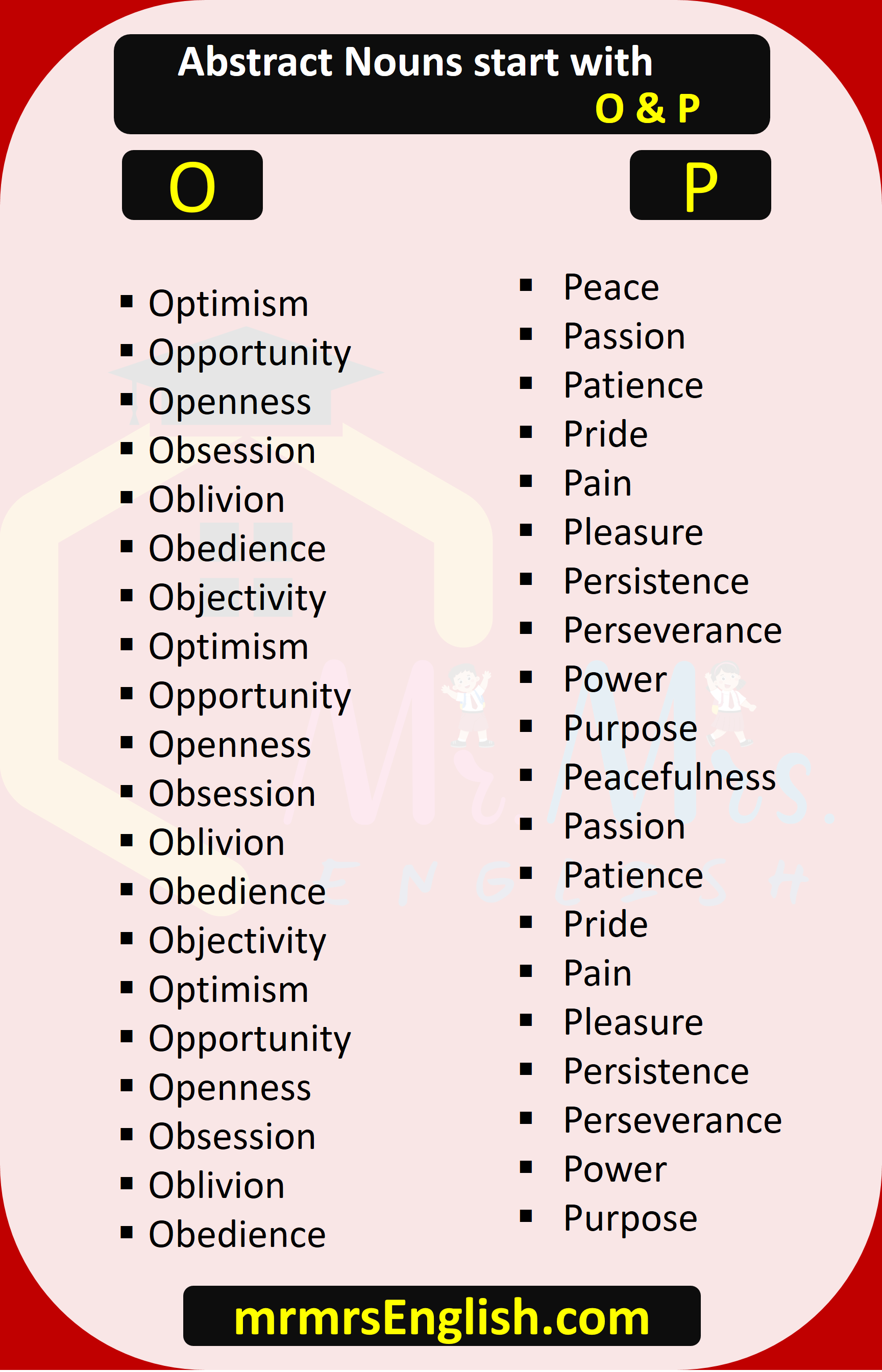 Abstract Nouns List A to Z | O & P