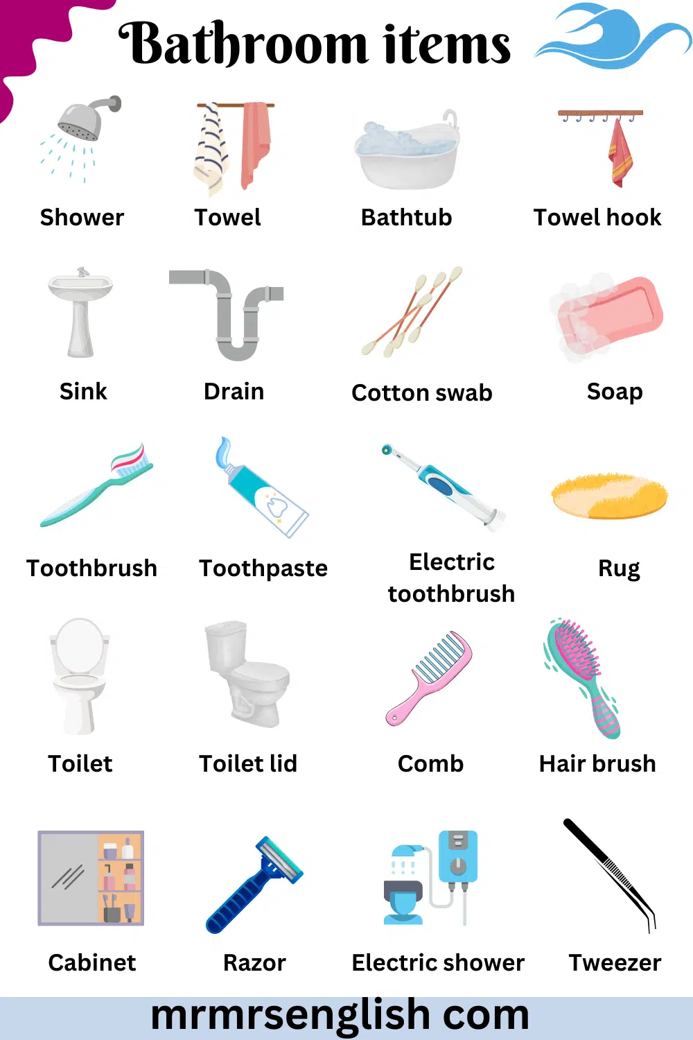Bathroom items names in English