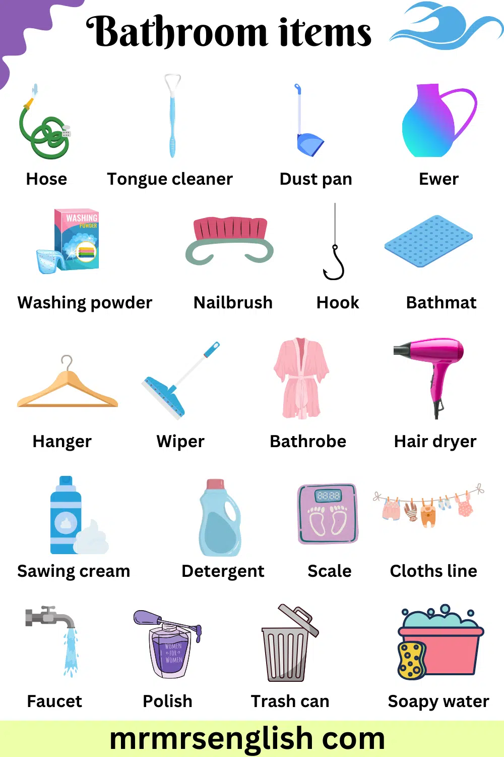 Bathroom items names in English