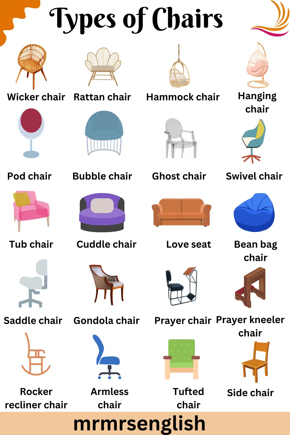 Types of Chairs with names in English