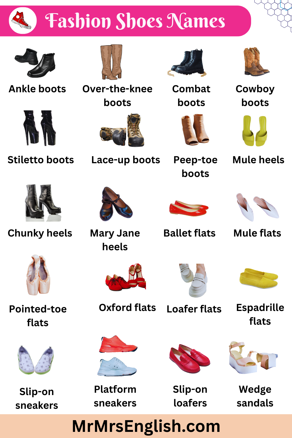 Fashion shoes Type of Shoes Names in English
