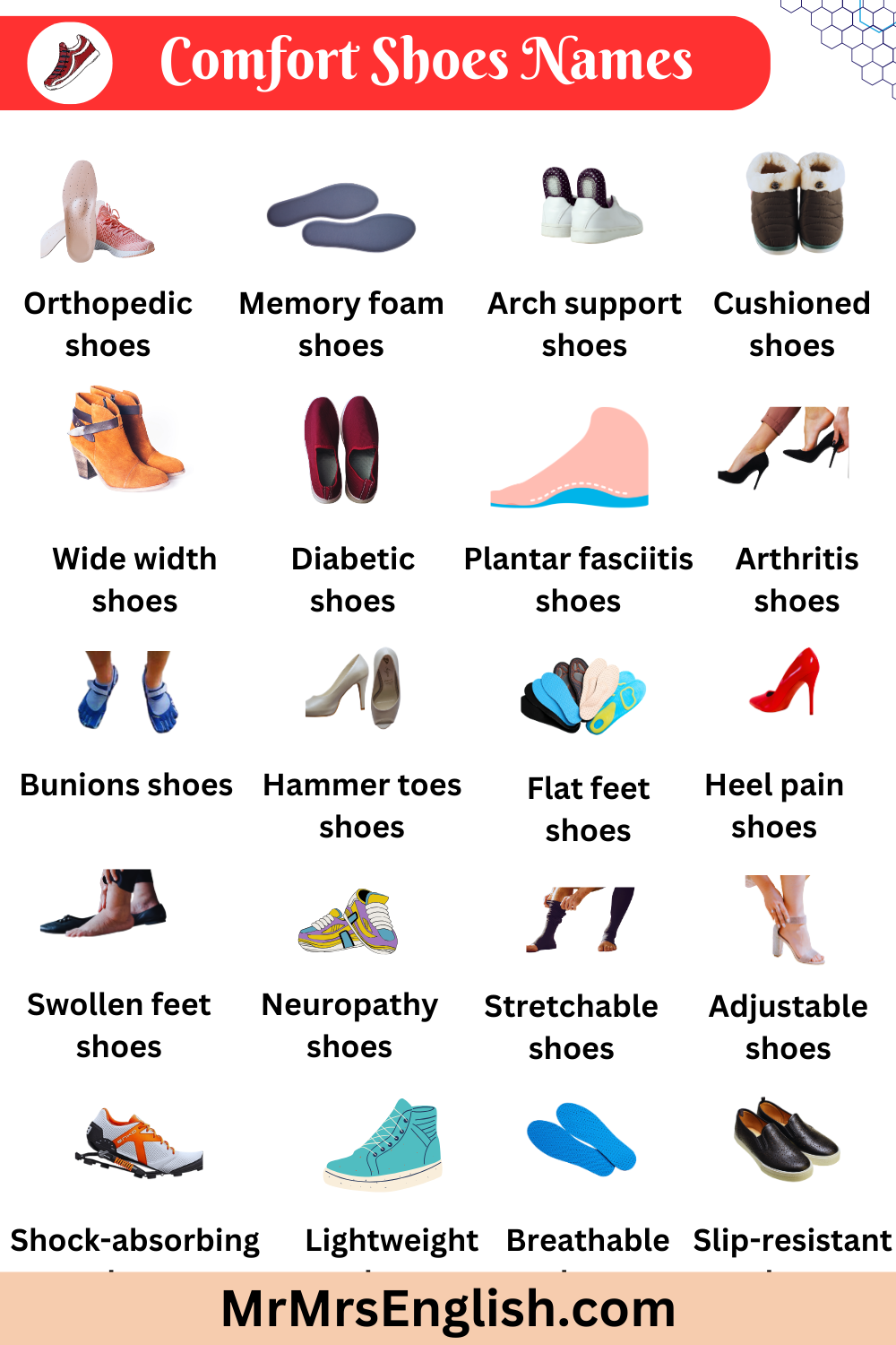 Comfort shoes Type of Shoes Names in English