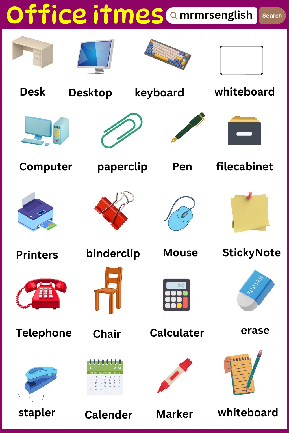 office items names with Pictures in English