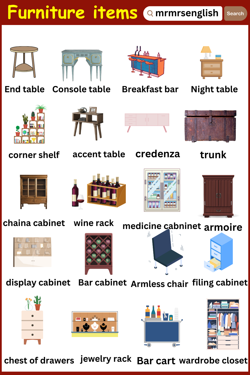 Various types of Furniture Items Names and Images