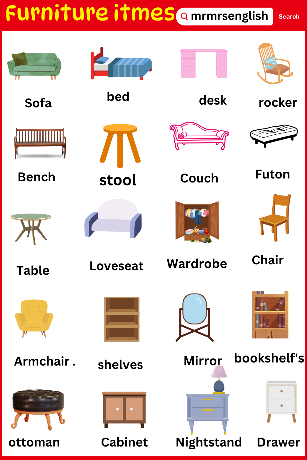 Furniture items names with Pictures:
