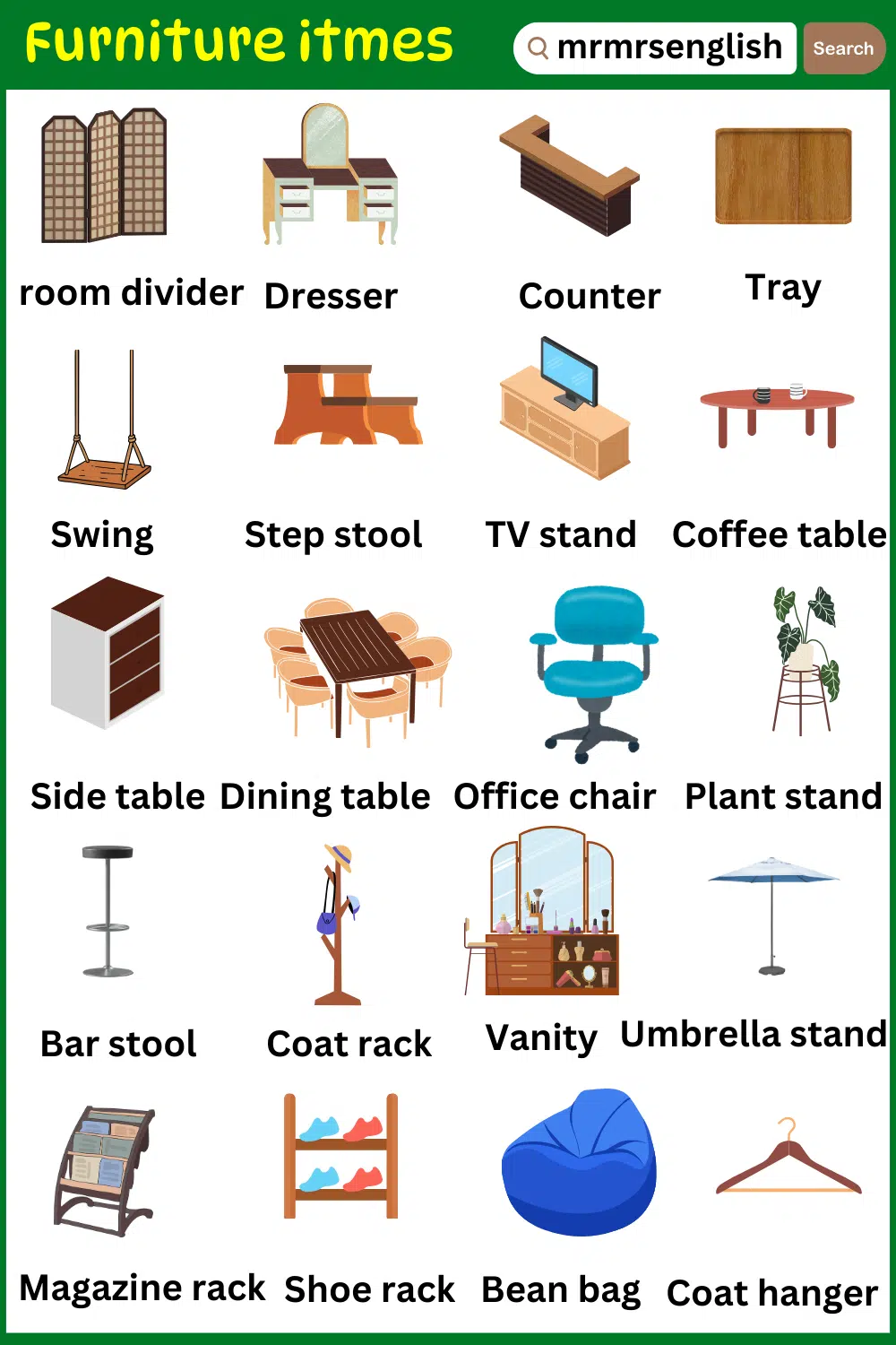 Furniture item's names list and their pictures