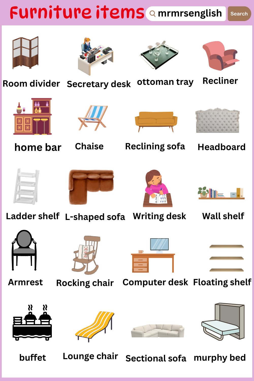 Furniture items pictures and names