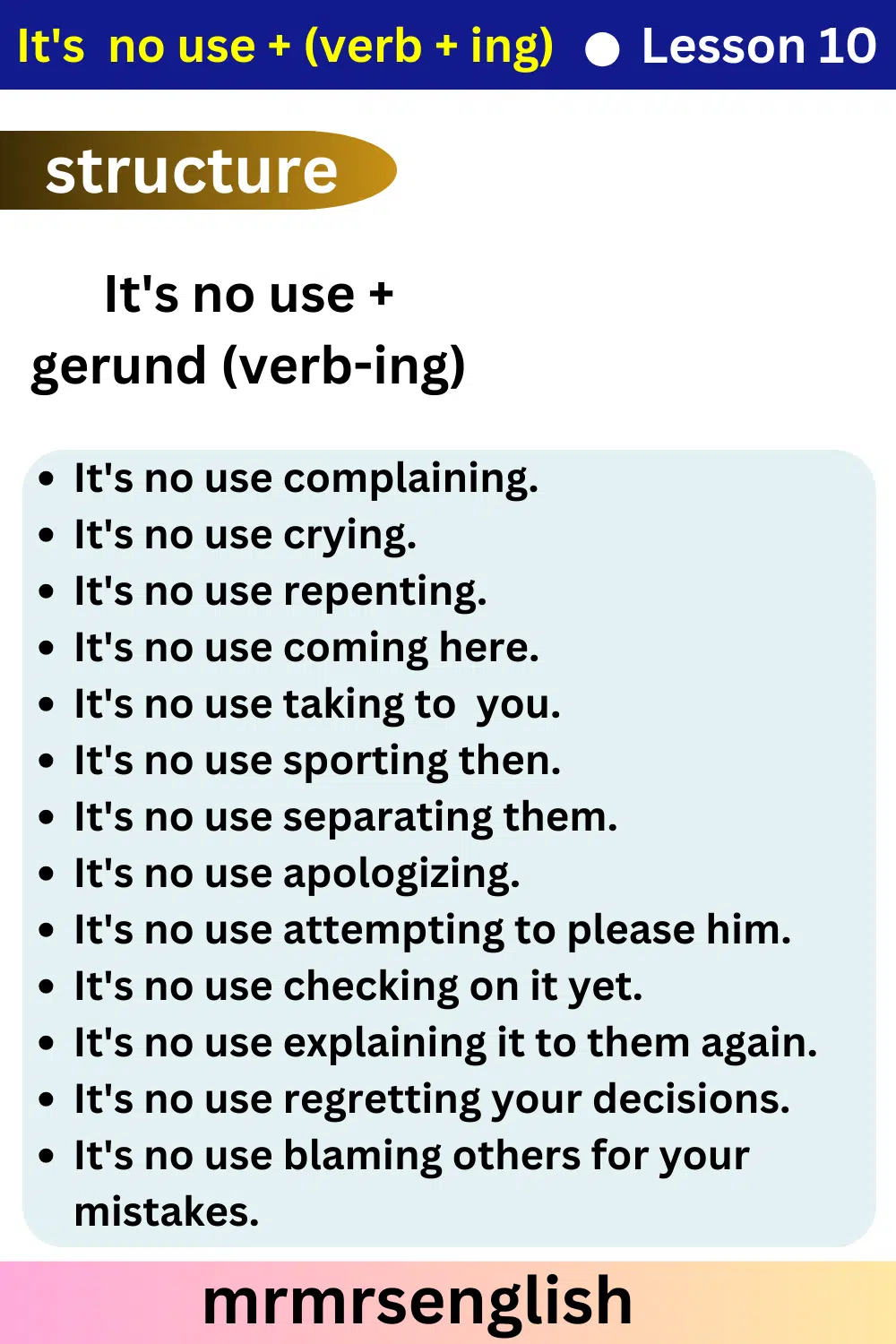 English Speaking Course Lesson 10 by Structures | It's  no use + (verb + ing)