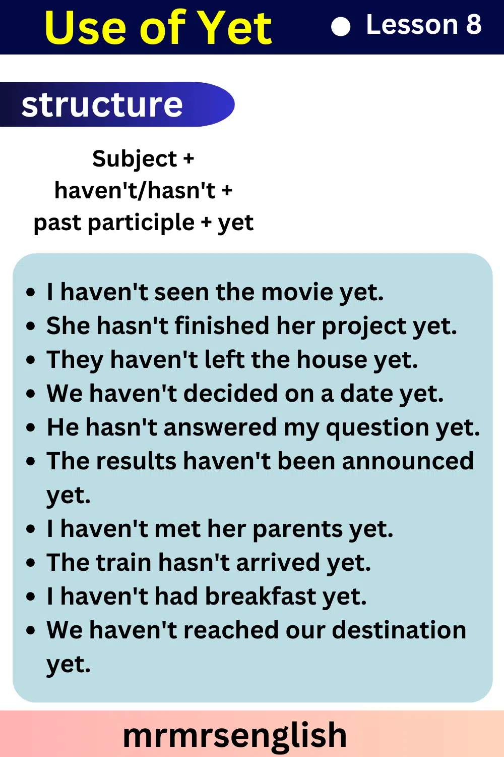 English Speaking Course Lesson 8 by Structures | use of yet