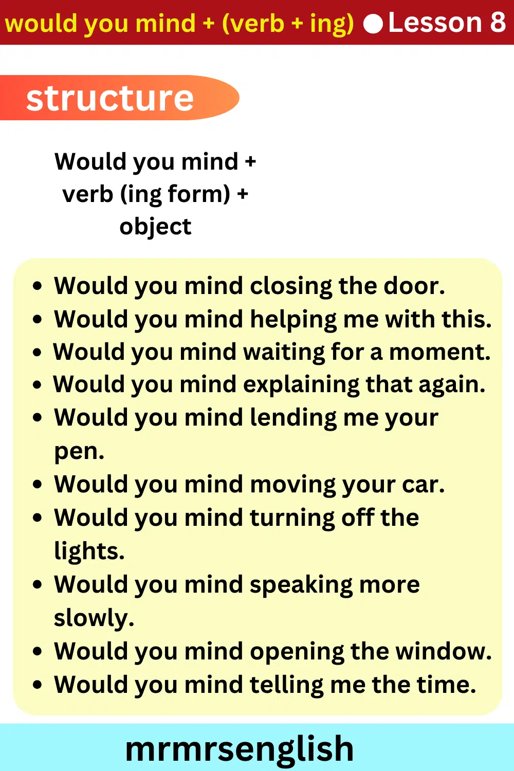 English Speaking Course Lesson 8 by Structures | would you mind + (verb + ing)