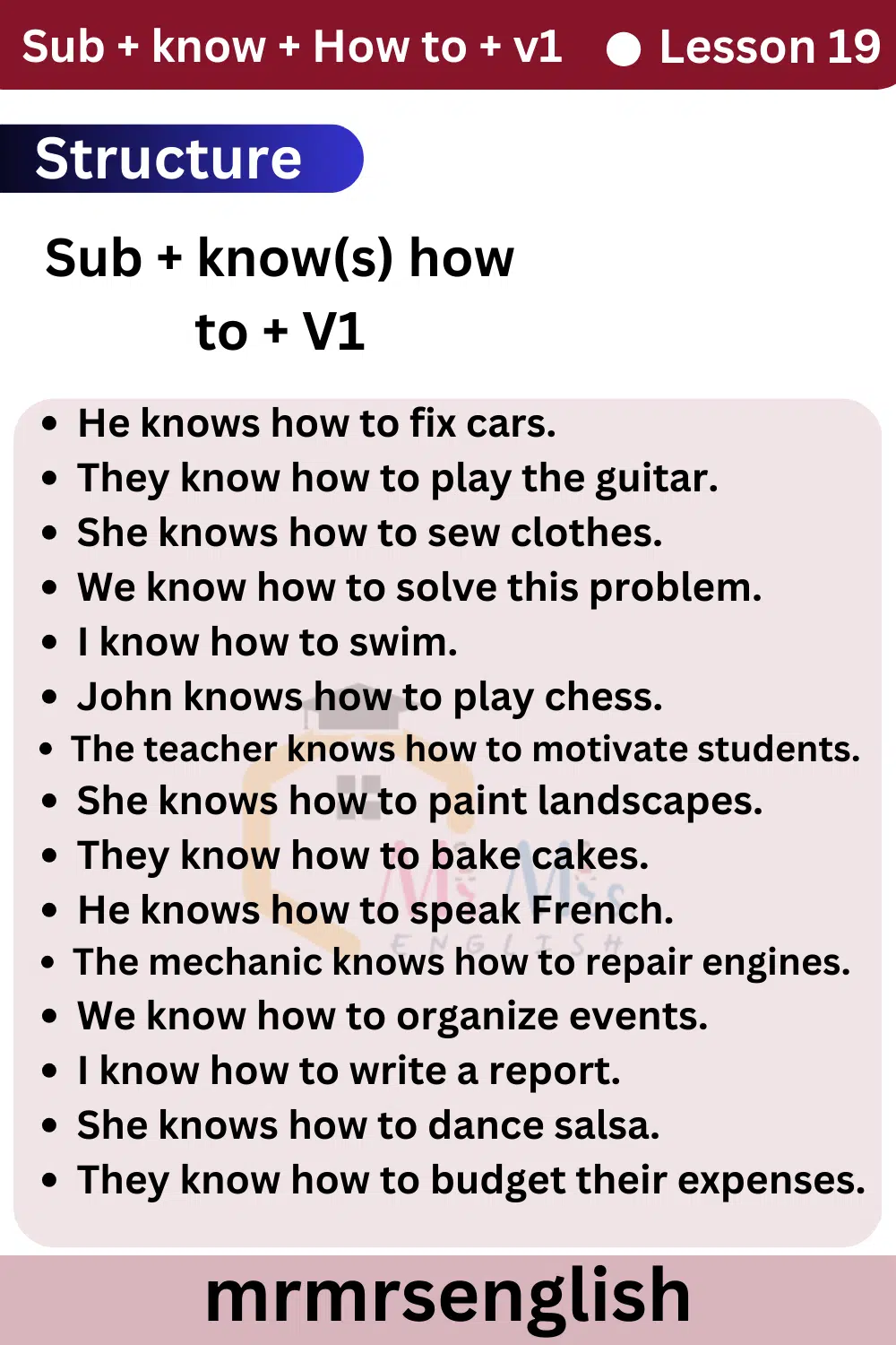 English Speaking Course Lesson 19 by Structures | Sub + know + How to + v1