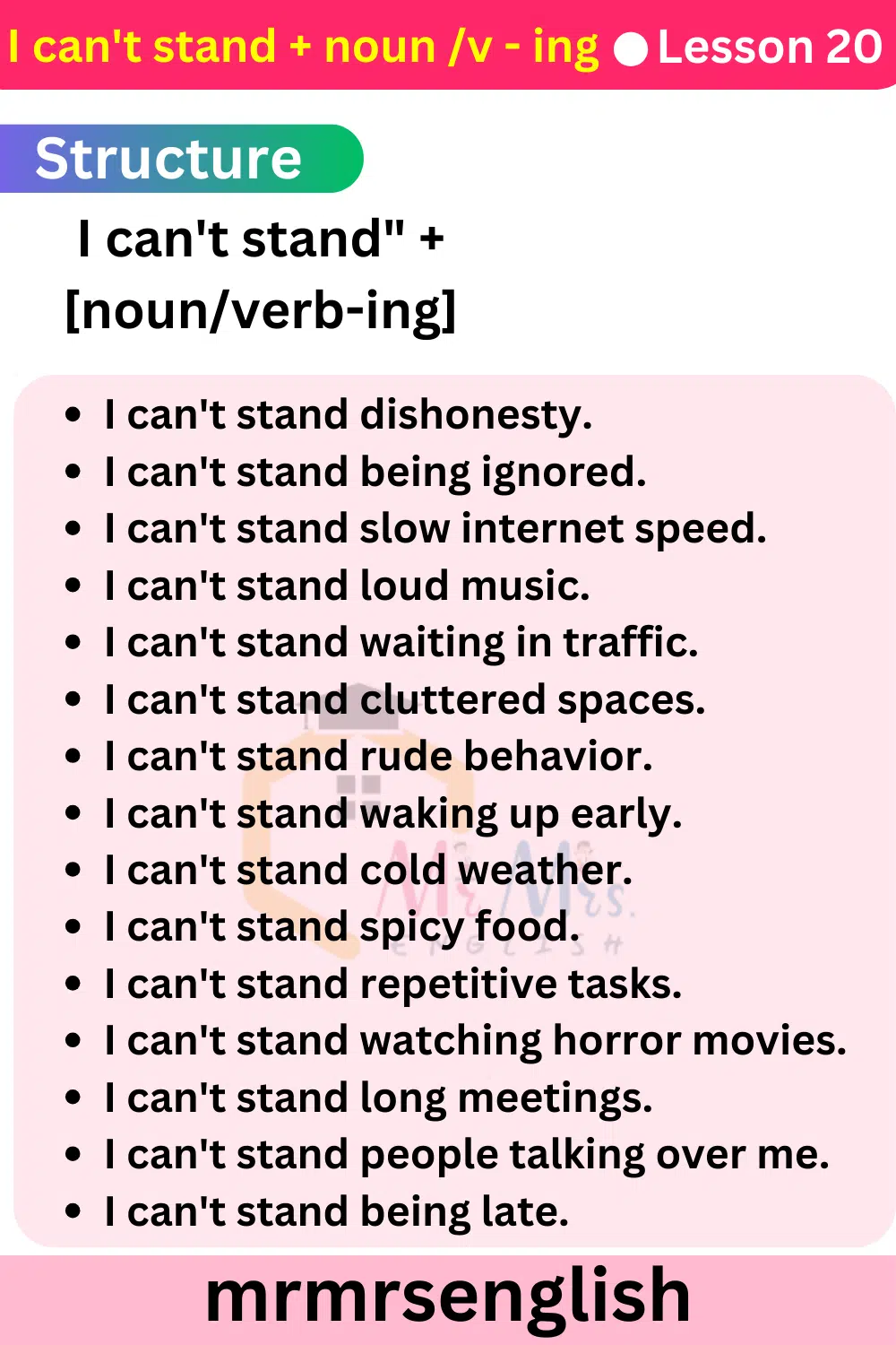 English Speaking Course Lesson 20 | I can't stand + noun _v - ing