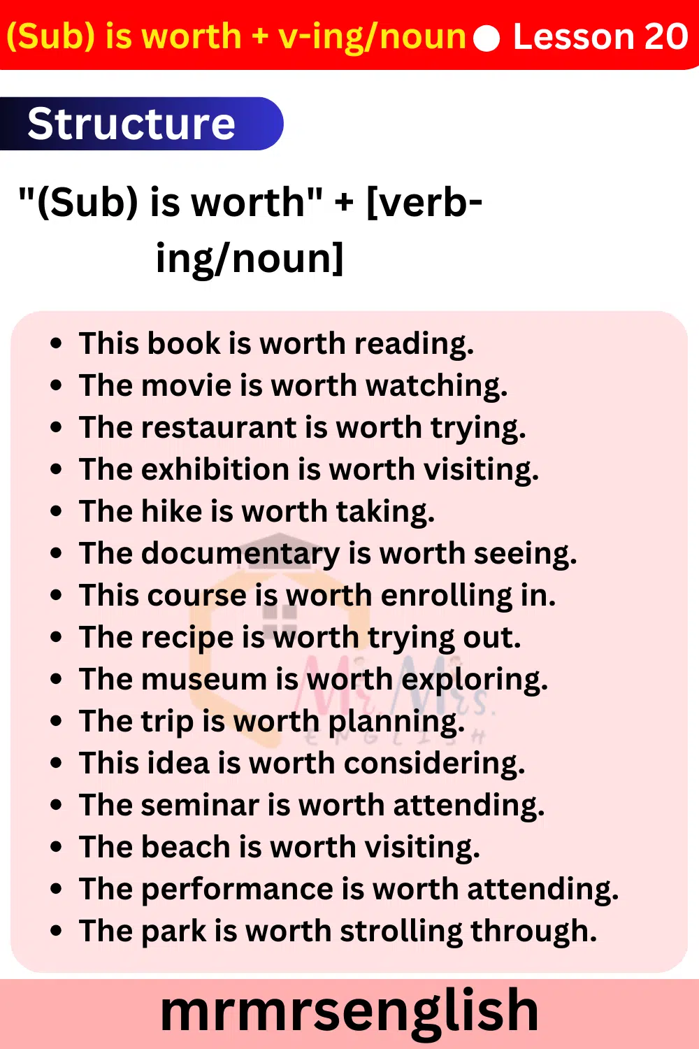 English Speaking Course Lesson 20 | (Sub) is worth + v-ing_noun
