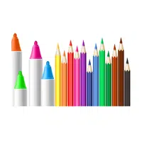Art supplies (colored pencils, markers) in English