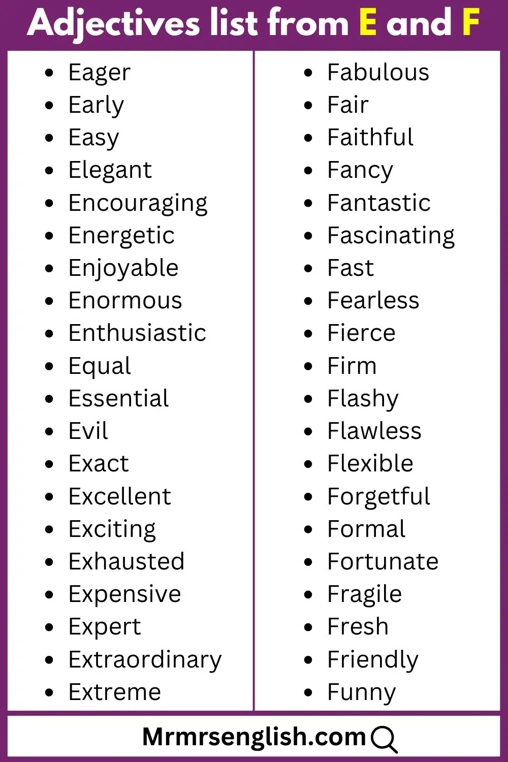 E and F words list of Adjectives
