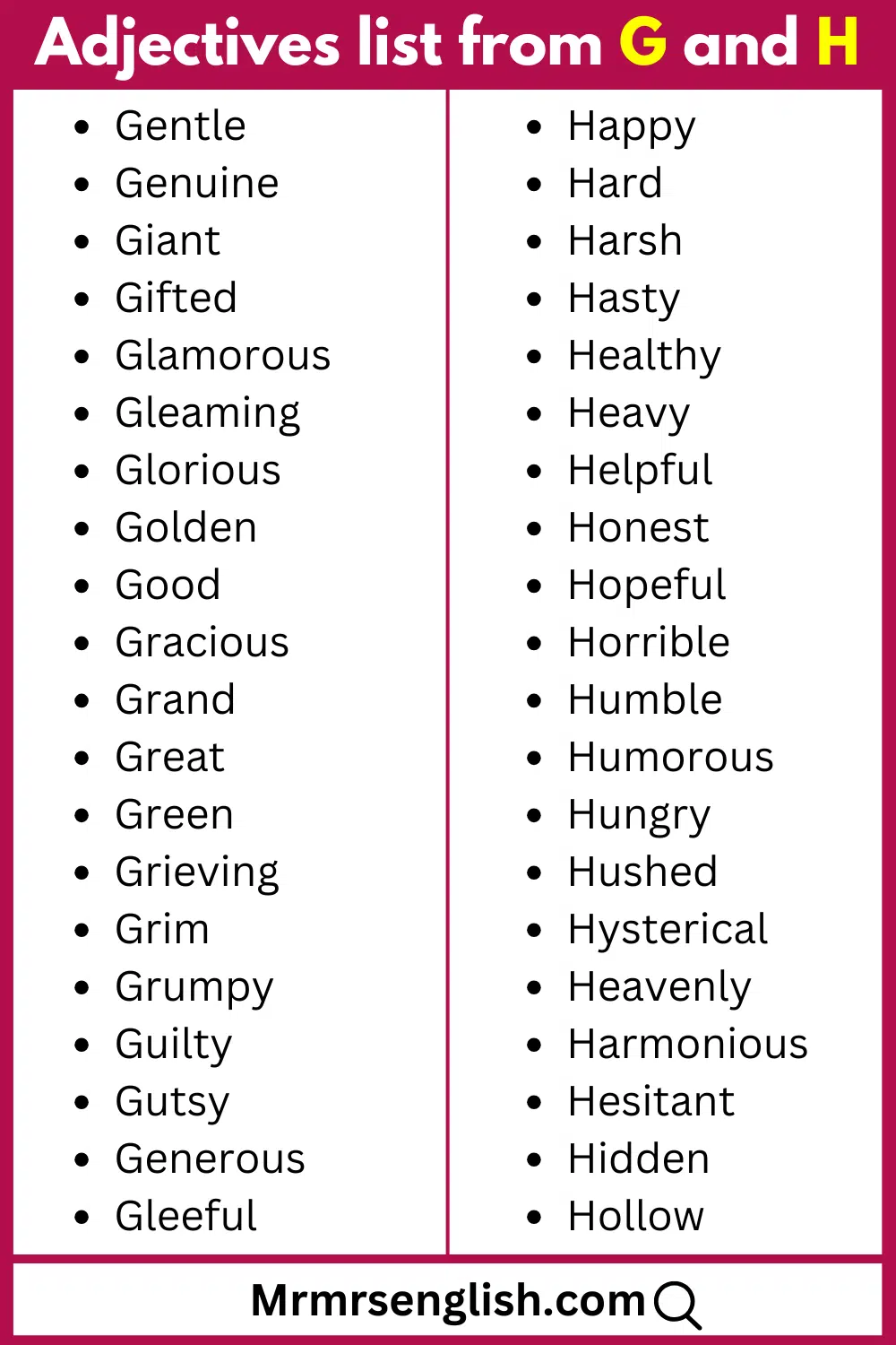 G and H words list of Adjectives