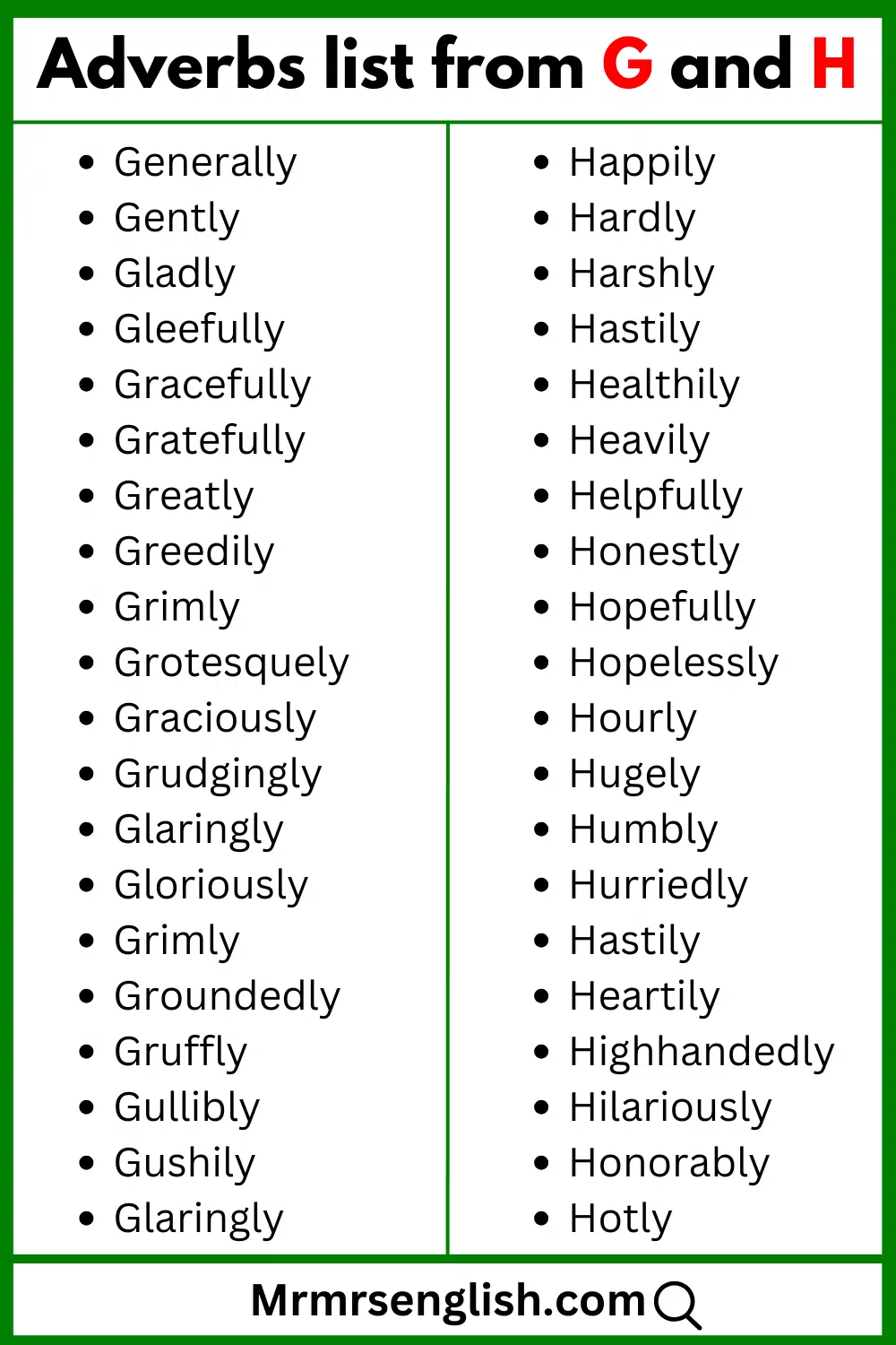 Adverbs list from G and H