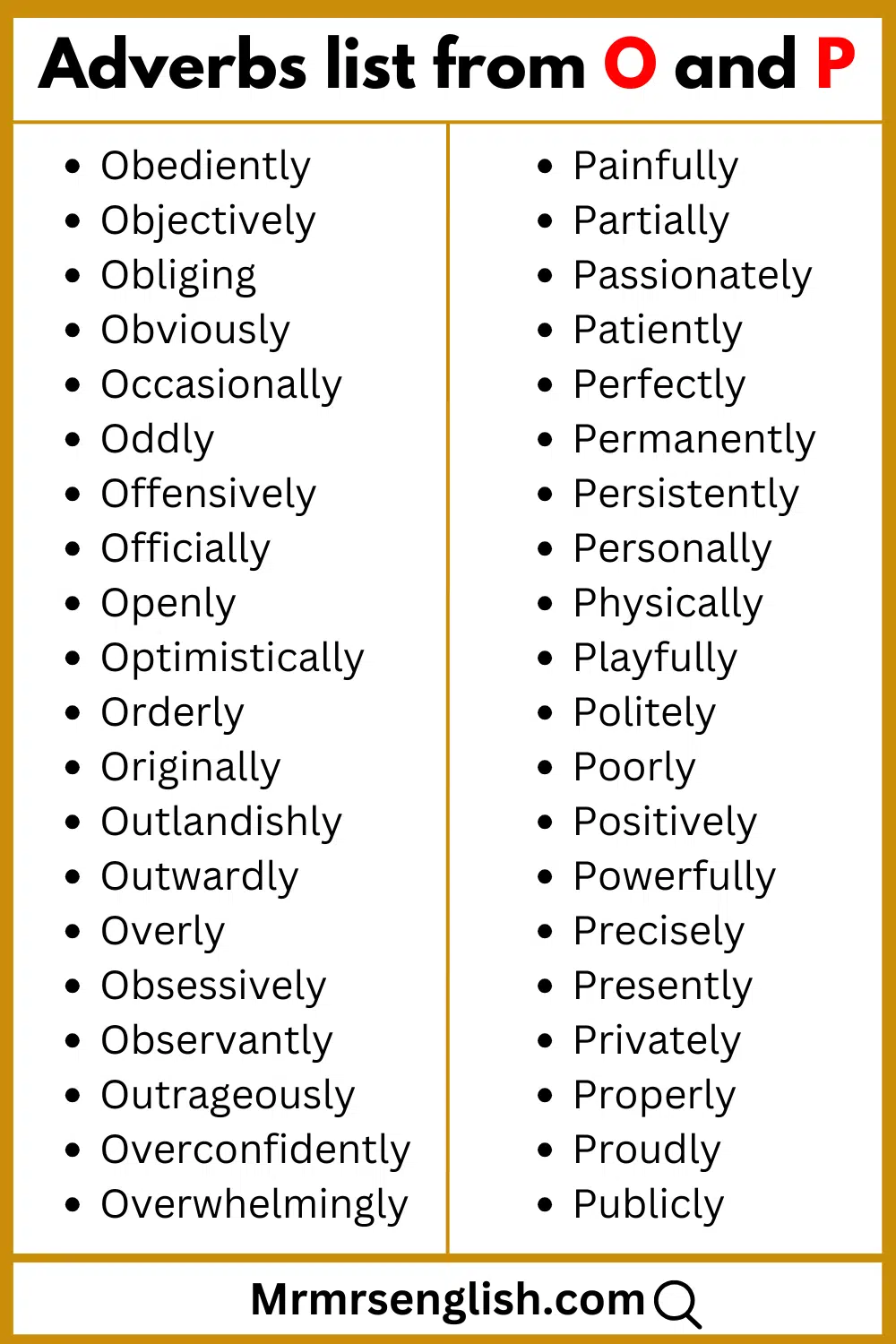 Adverbs list from O and P
