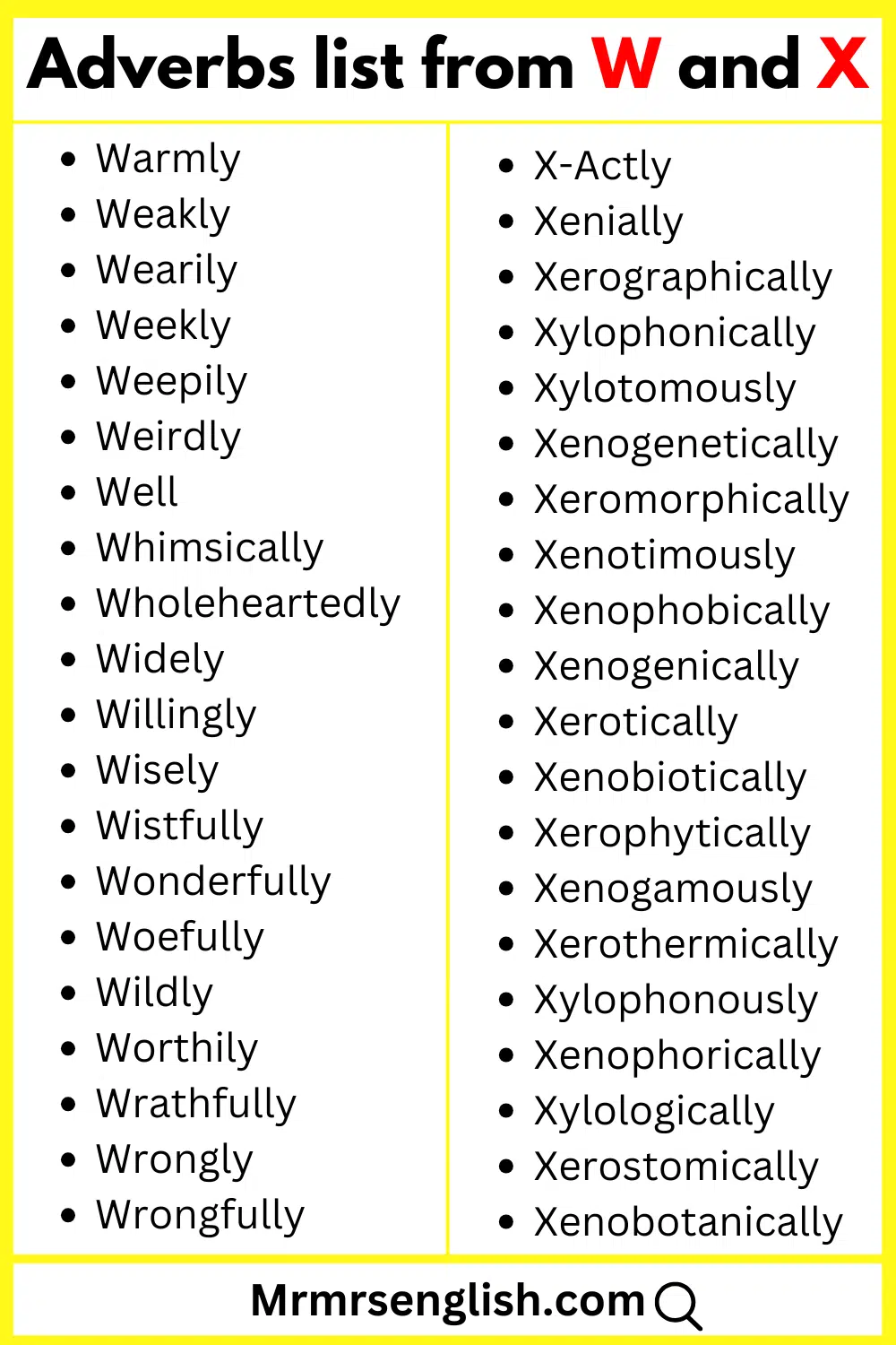 Adverbs list from W and X