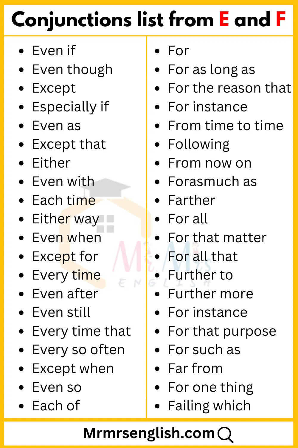 E and F words list of Conjunctions