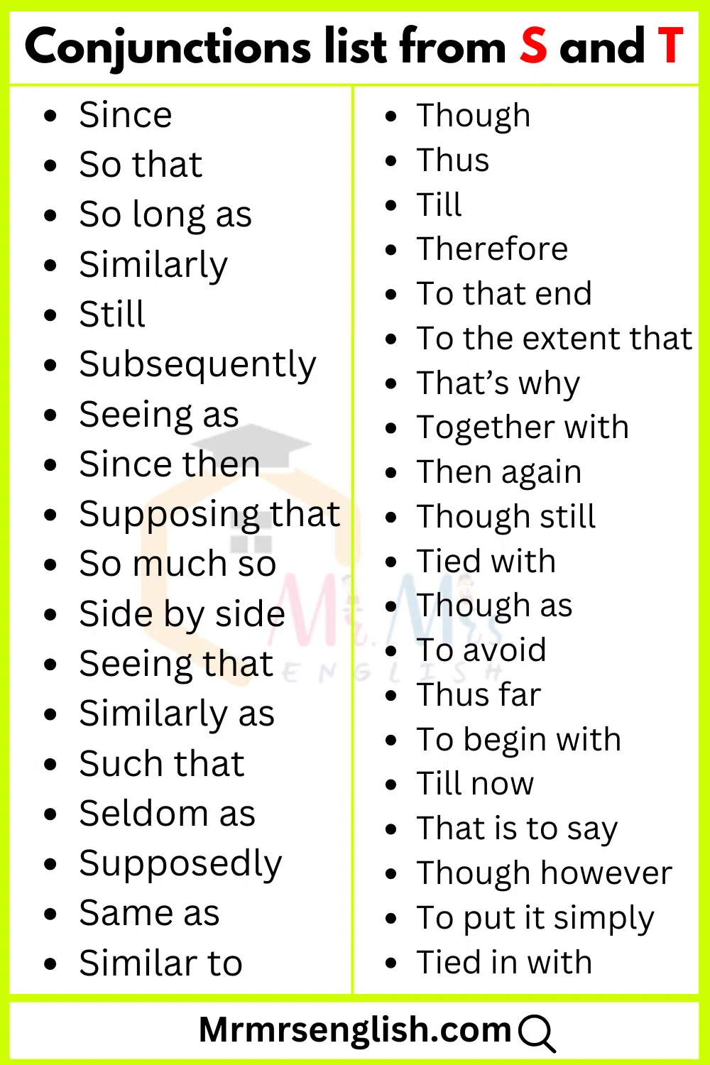 Conjunctions from A to Z | S and T words list 