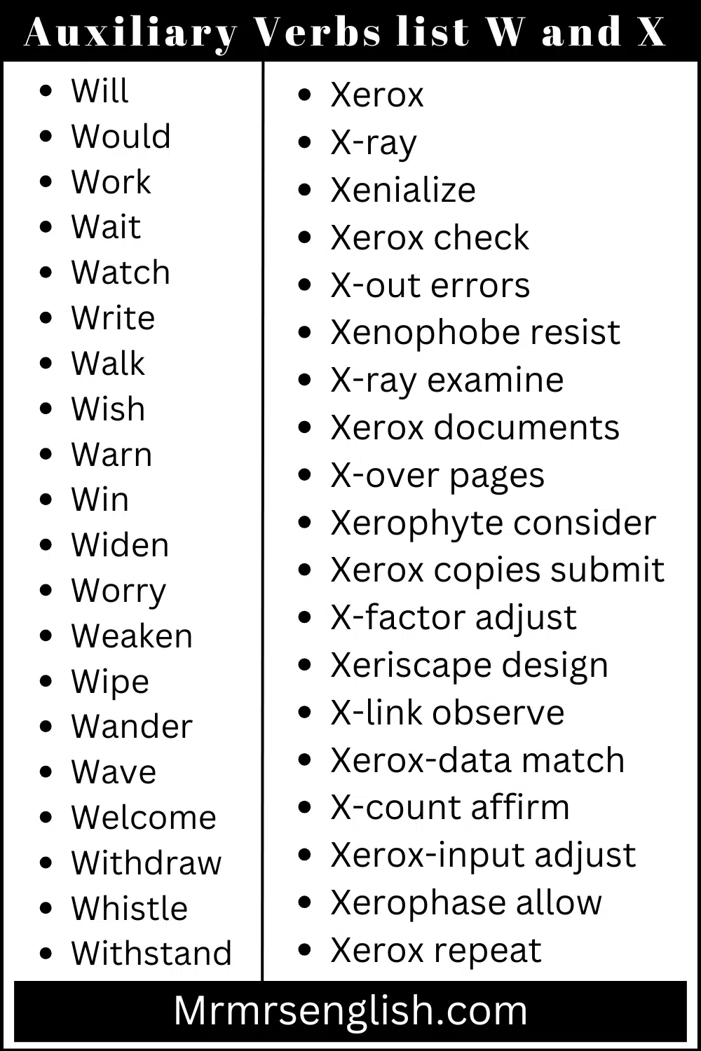 Auxiliary Verbs list W and X