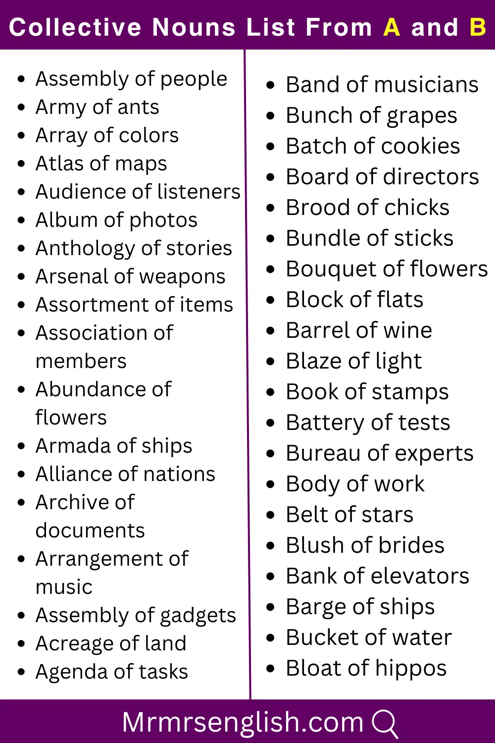 A and B words list Collective Nouns