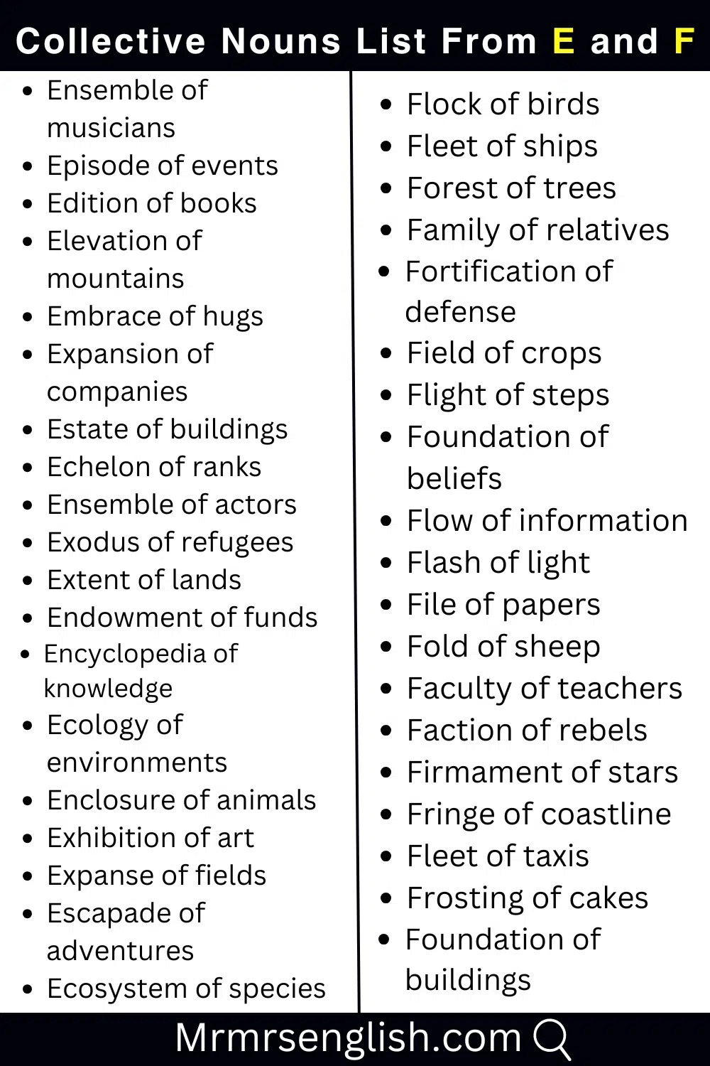 E and F words list Collective Nouns