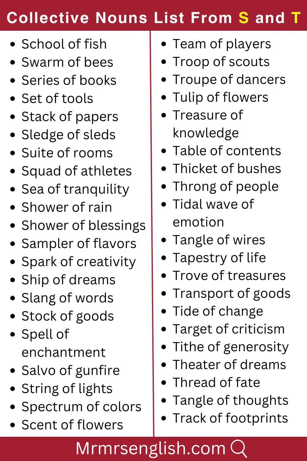 S and T words list Collective Nouns