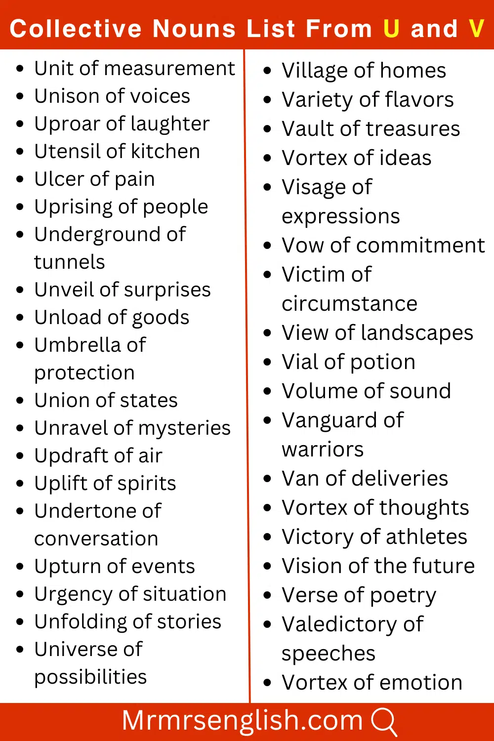 U and V words list Collective Nouns
