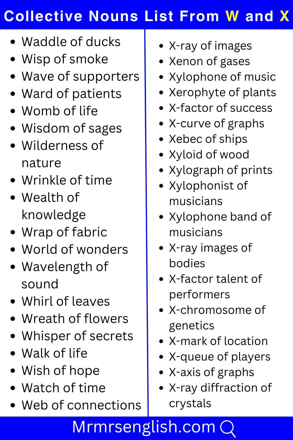 w and X words list Collective Nouns