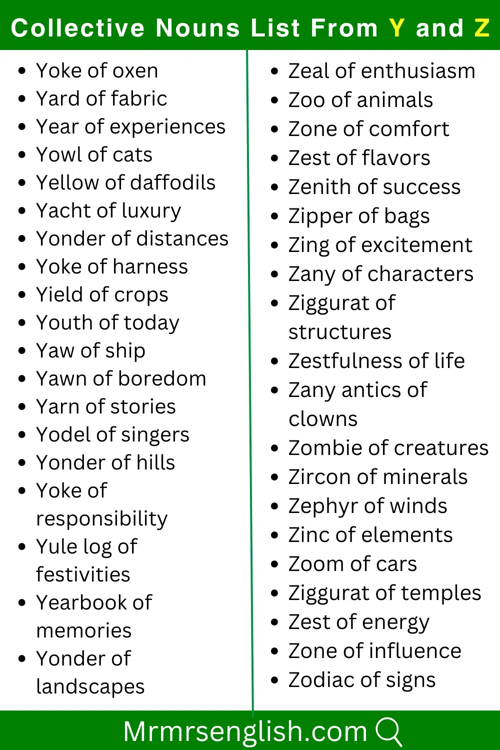 Y and Z words list Collective Nouns