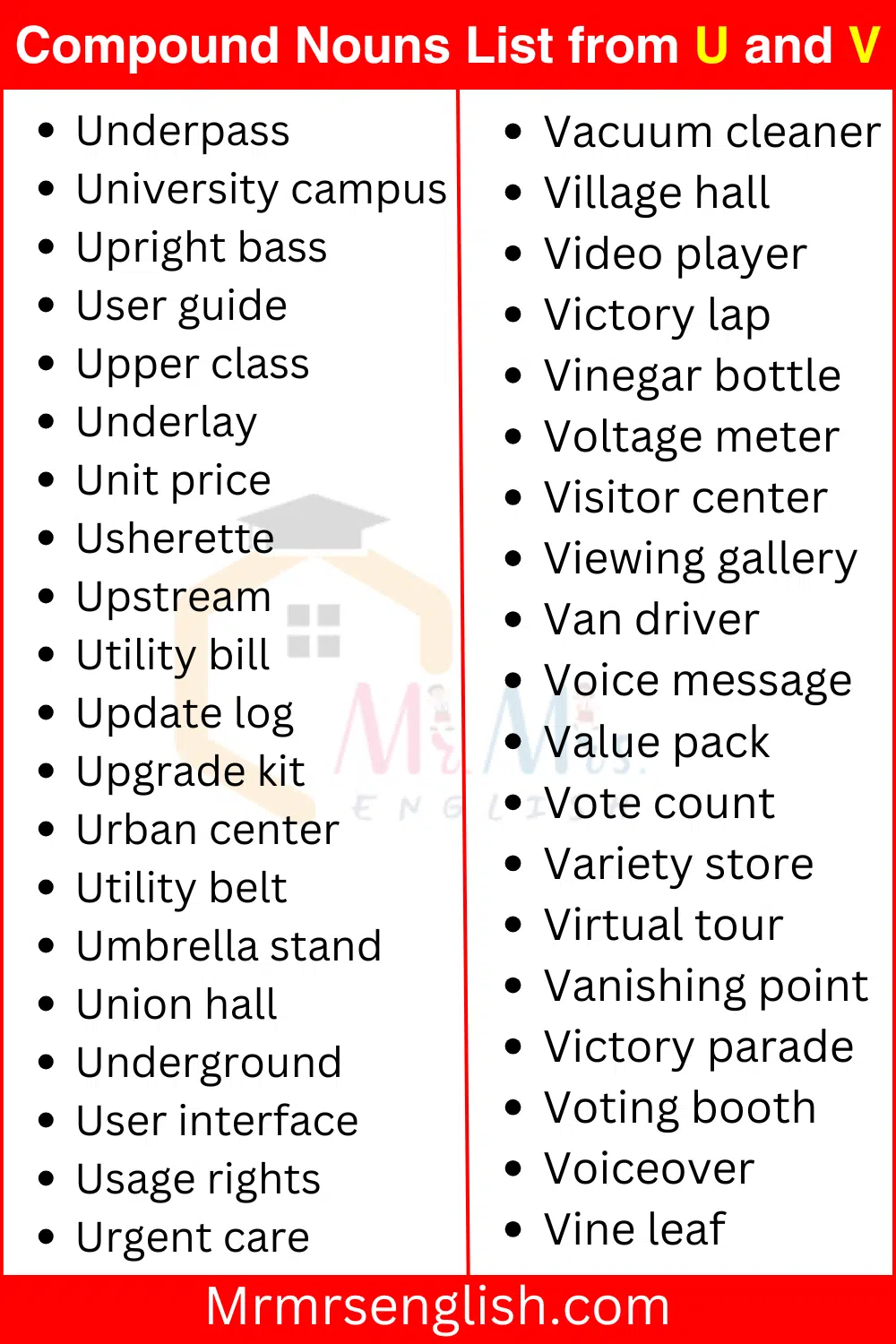 U and V words list of Compound Nouns
