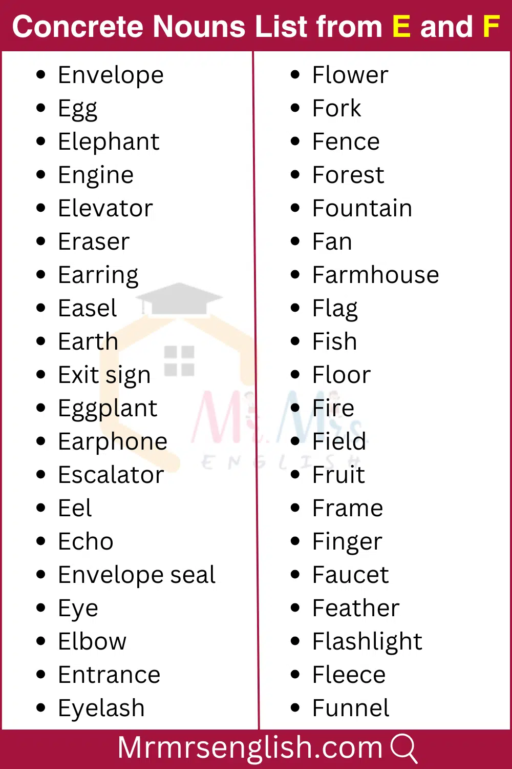 E and F words list Concrete Nouns