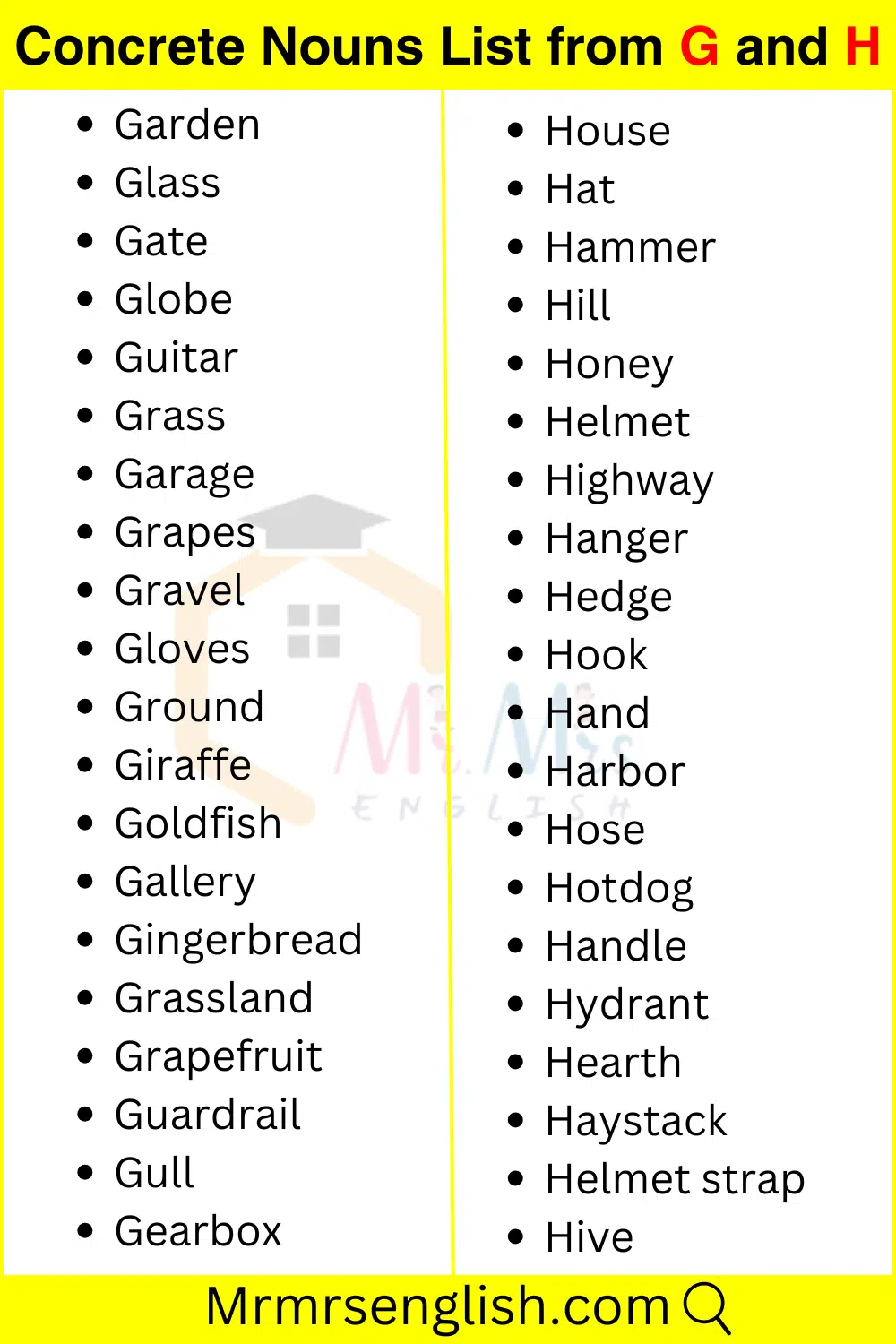 G and H words list Concrete Nouns
