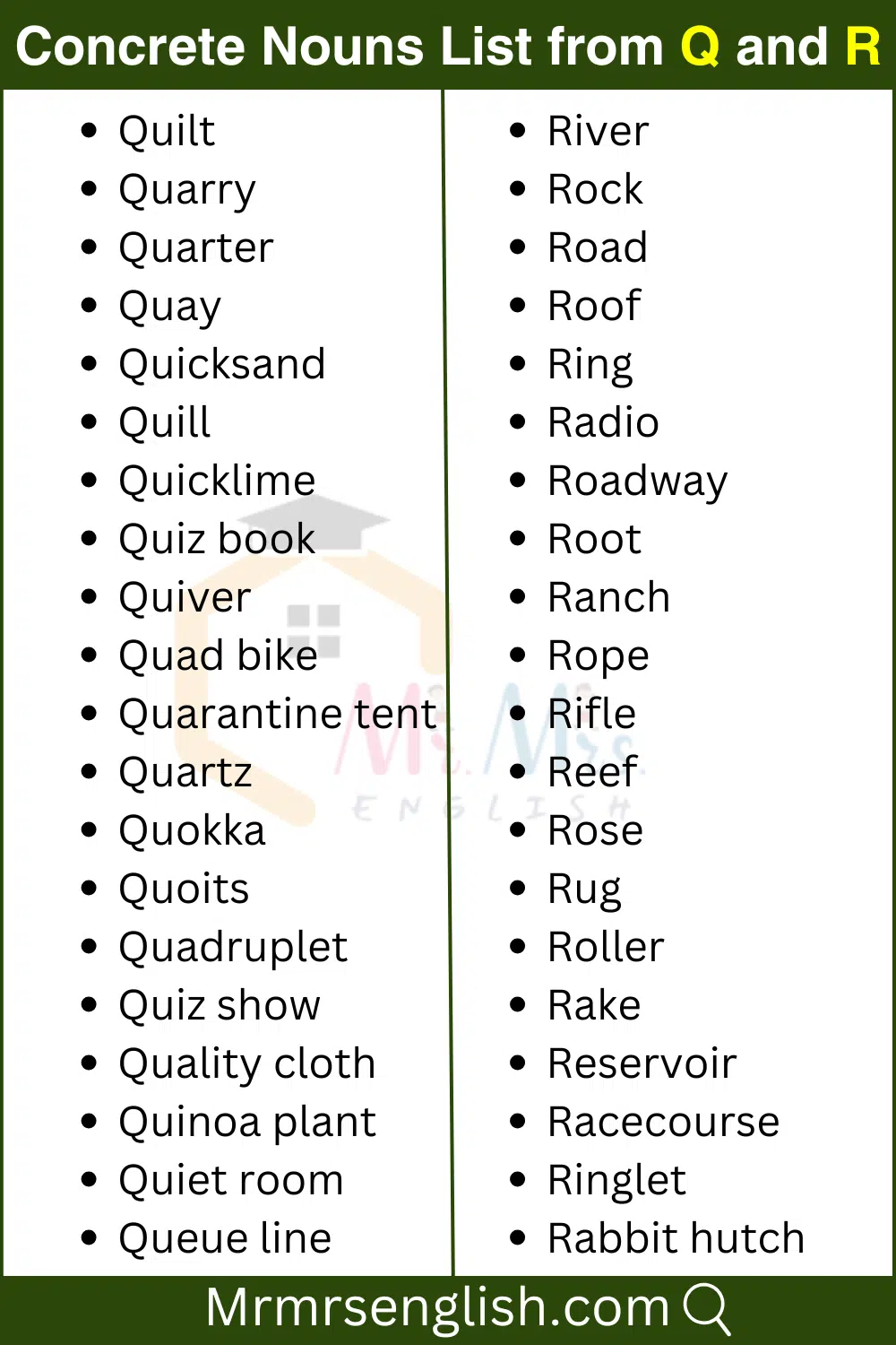 Q and R words list Concrete Nouns