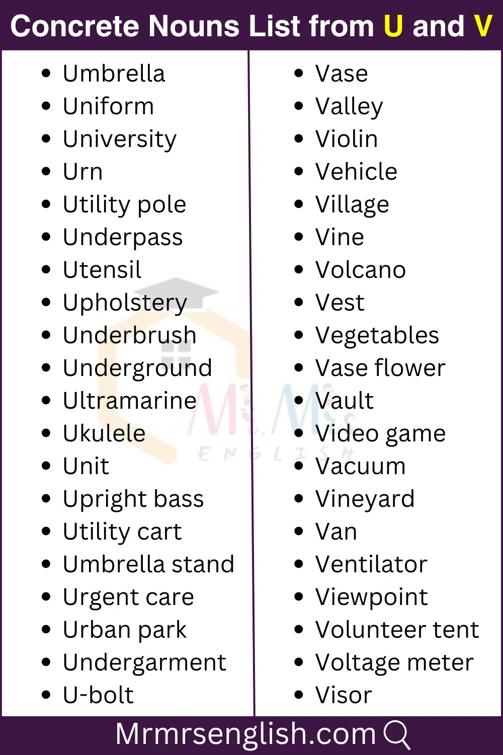 U and V words list