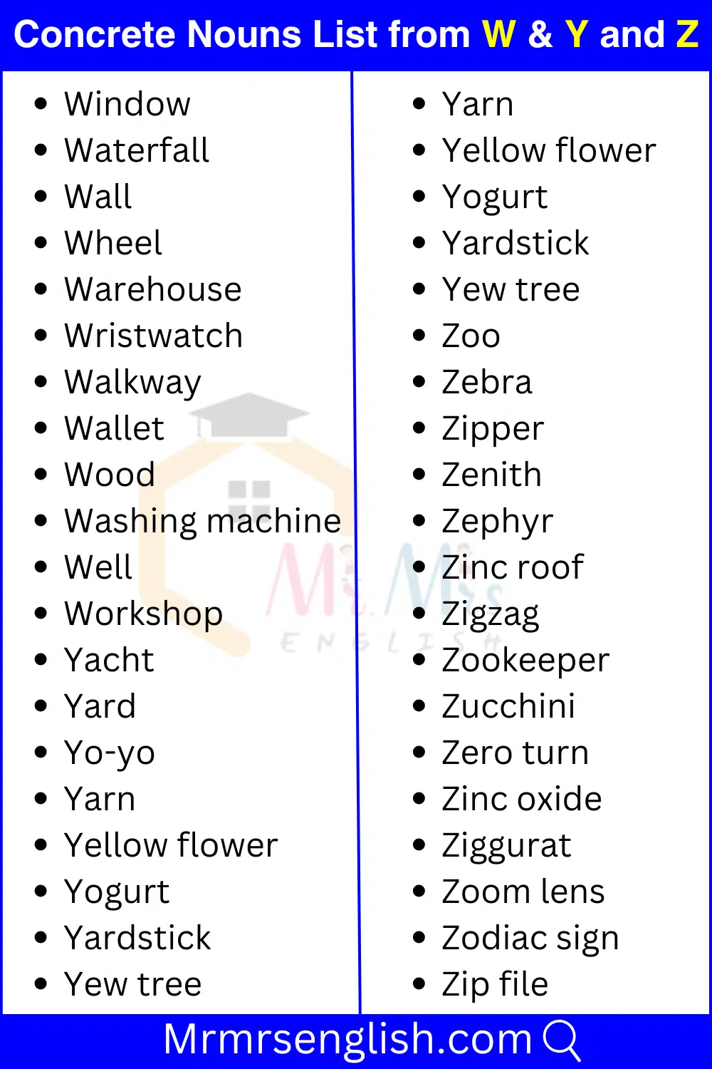 W and Y and Z words list