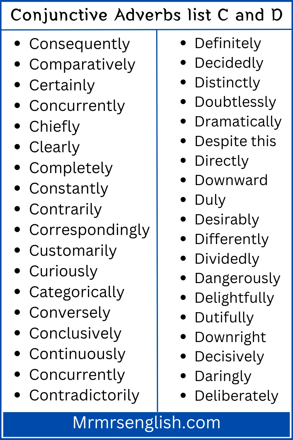 Conjunctive Adverbs list C and D
